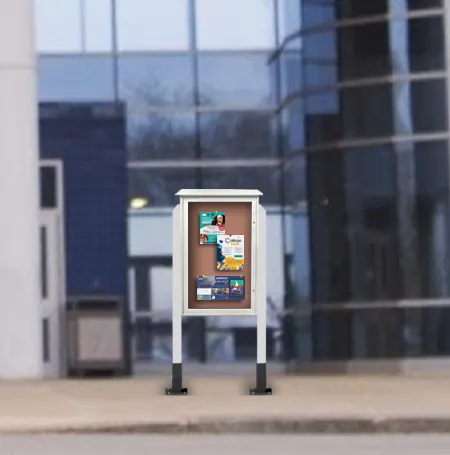 26" x 42" Outdoor Message Center Fabric-Wrapped Magnetic Board with Posts | Standing Single Door Information Board