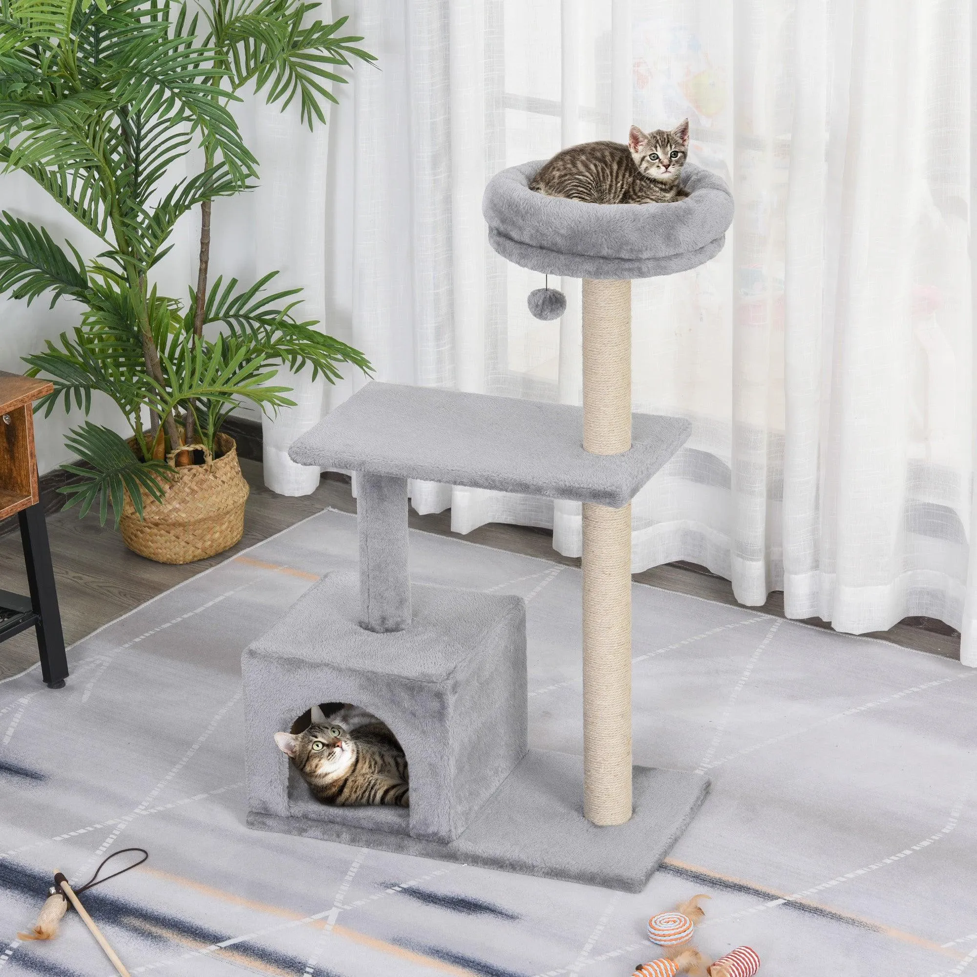 3-Tier Scratching Cat Tree, 96cm - Grey