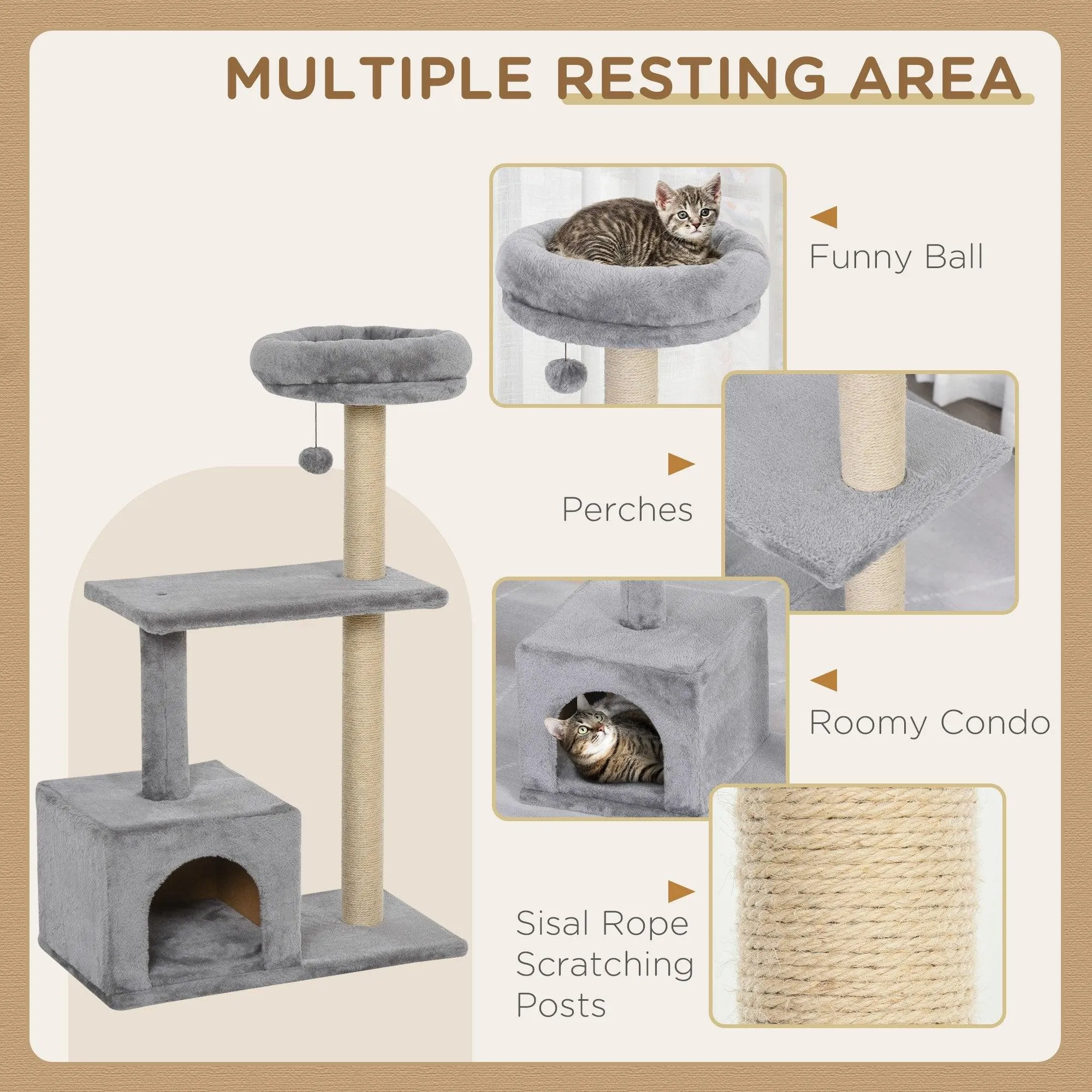 3-Tier Scratching Cat Tree, 96cm - Grey