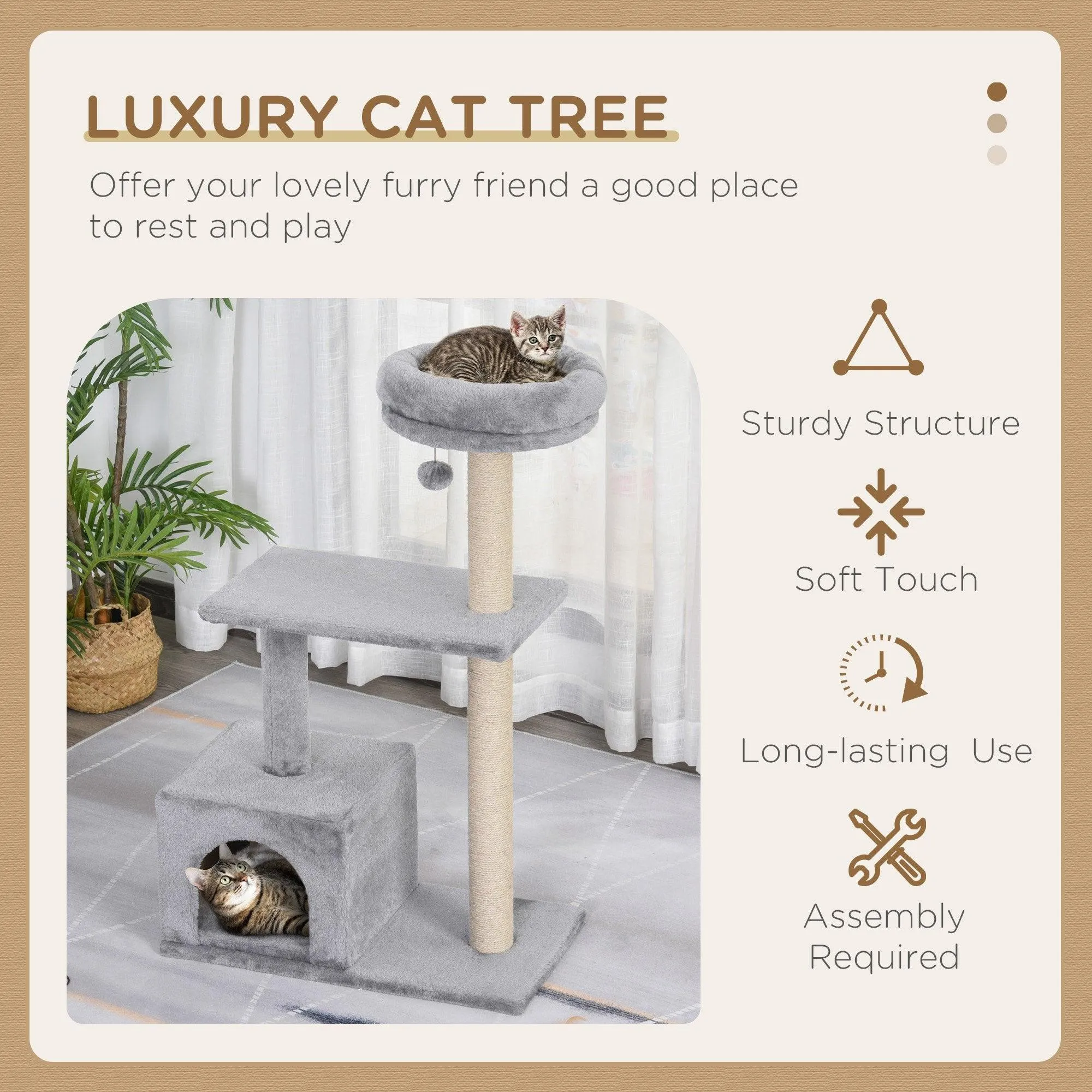 3-Tier Scratching Cat Tree, 96cm - Grey