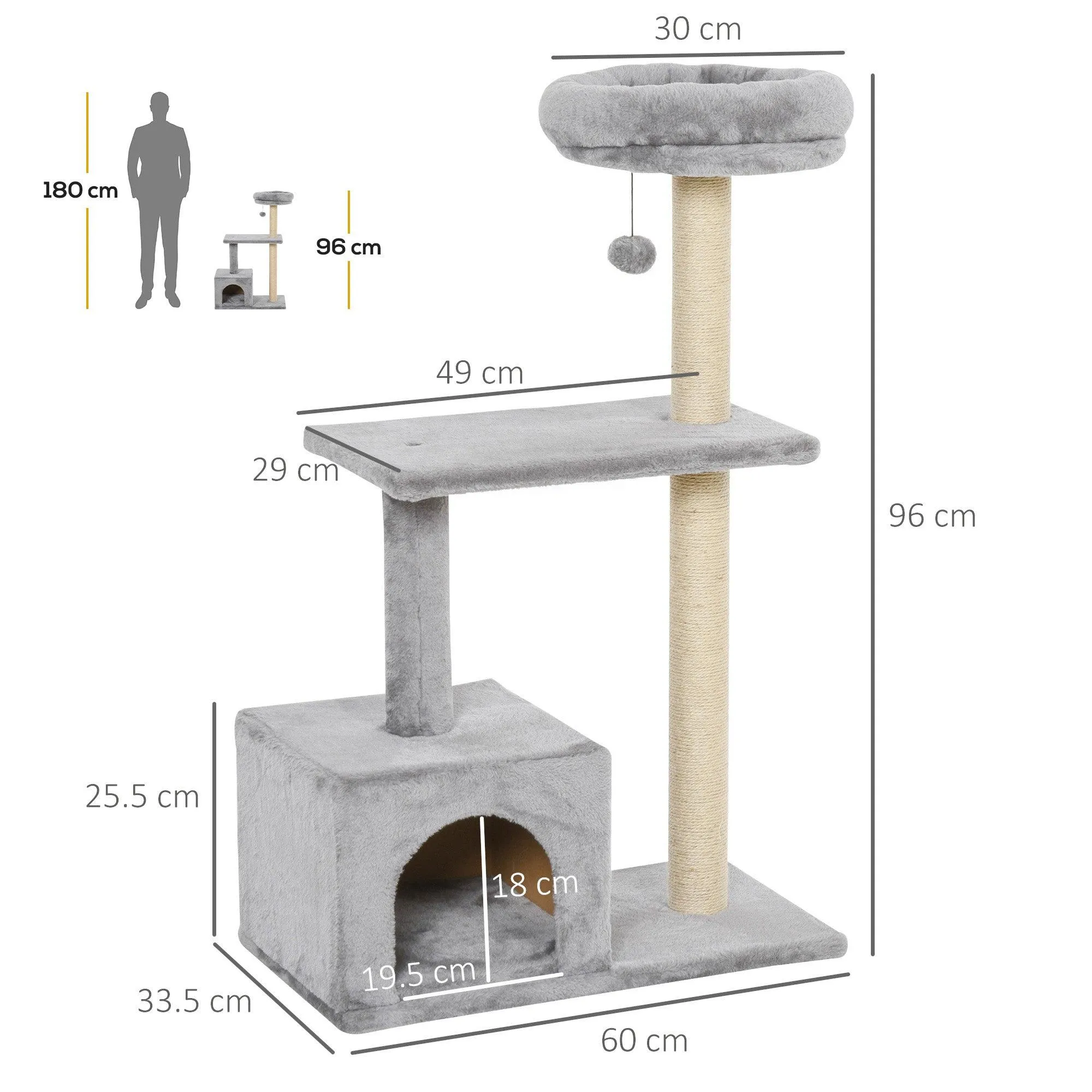3-Tier Scratching Cat Tree, 96cm - Grey