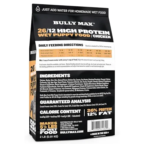 Bully Max Wet Puppy Food - Instant Fresh Dehydrated High Protein Soft Dog Food with Chicken - Healthy Growth for Small & Large Breed Puppies - 2 Dry Dog Food Pounds (Makes 5.5 lbs. of Wet Dog Food)