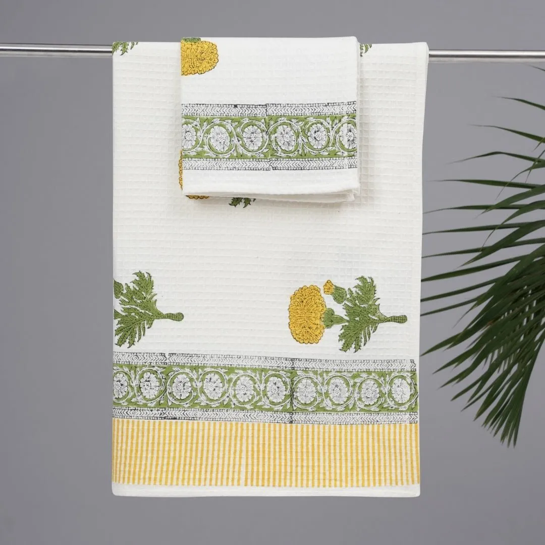 Cotton Hand And Bath Towel Set | Block Printed In Marigold Pattern | Super Absorbent, Soft & Faster Drying | 300 GSM | Handmade In India
