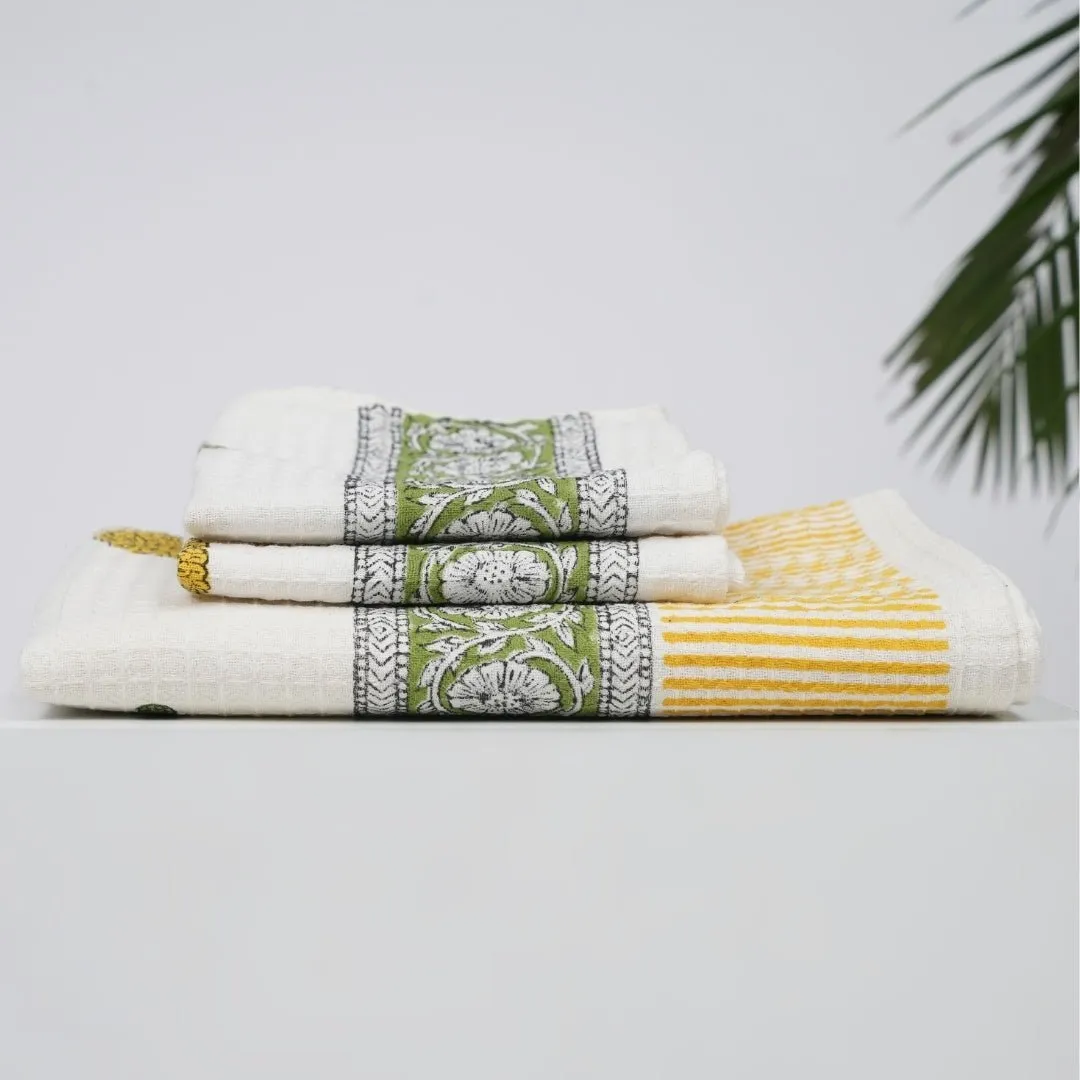 Cotton Hand And Bath Towel Set | Block Printed In Marigold Pattern | Super Absorbent, Soft & Faster Drying | 300 GSM | Handmade In India