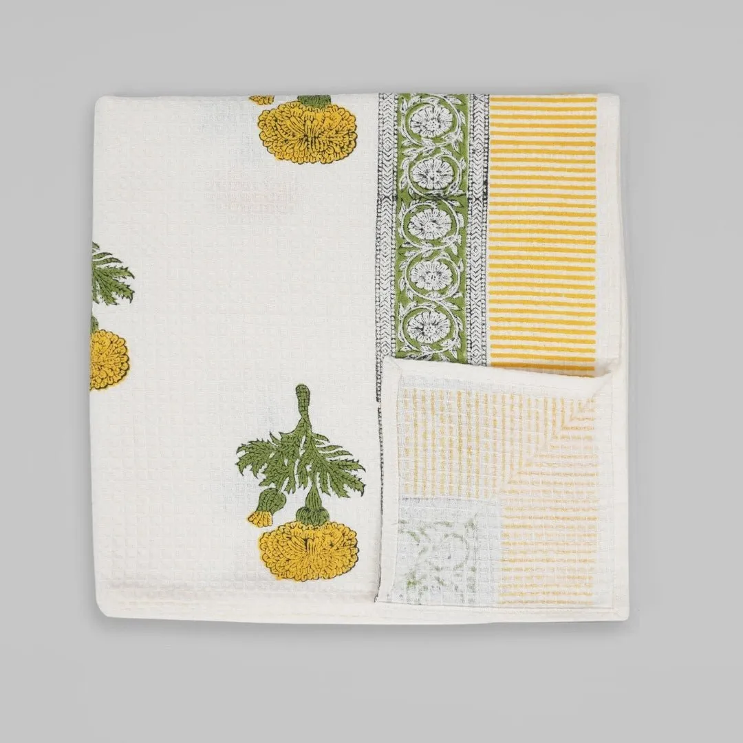 Cotton Hand And Bath Towel Set | Block Printed In Marigold Pattern | Super Absorbent, Soft & Faster Drying | 300 GSM | Handmade In India