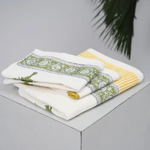 Cotton Hand And Bath Towel Set | Block Printed In Marigold Pattern | Super Absorbent, Soft & Faster Drying | 300 GSM | Handmade In India