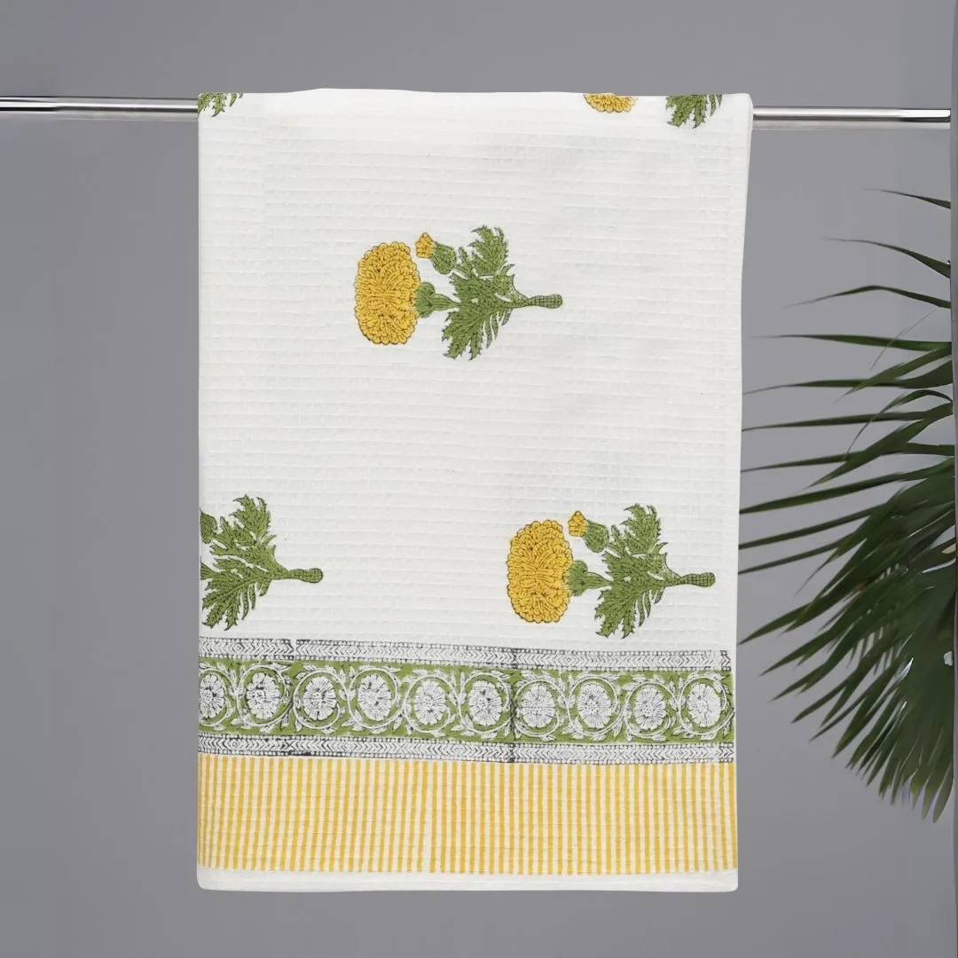Cotton Hand And Bath Towel Set | Block Printed In Marigold Pattern | Super Absorbent, Soft & Faster Drying | 300 GSM | Handmade In India