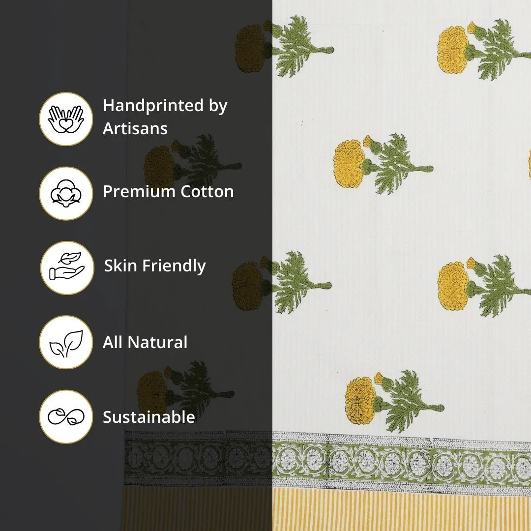 Cotton Hand And Bath Towel Set | Block Printed In Marigold Pattern | Super Absorbent, Soft & Faster Drying | 300 GSM | Handmade In India