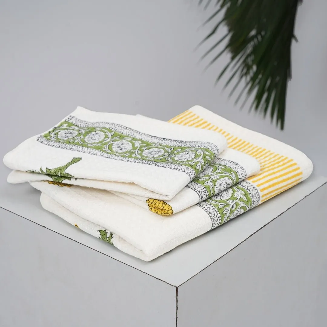 Cotton Hand And Bath Towel Set | Block Printed In Marigold Pattern | Super Absorbent, Soft & Faster Drying | 300 GSM | Handmade In India