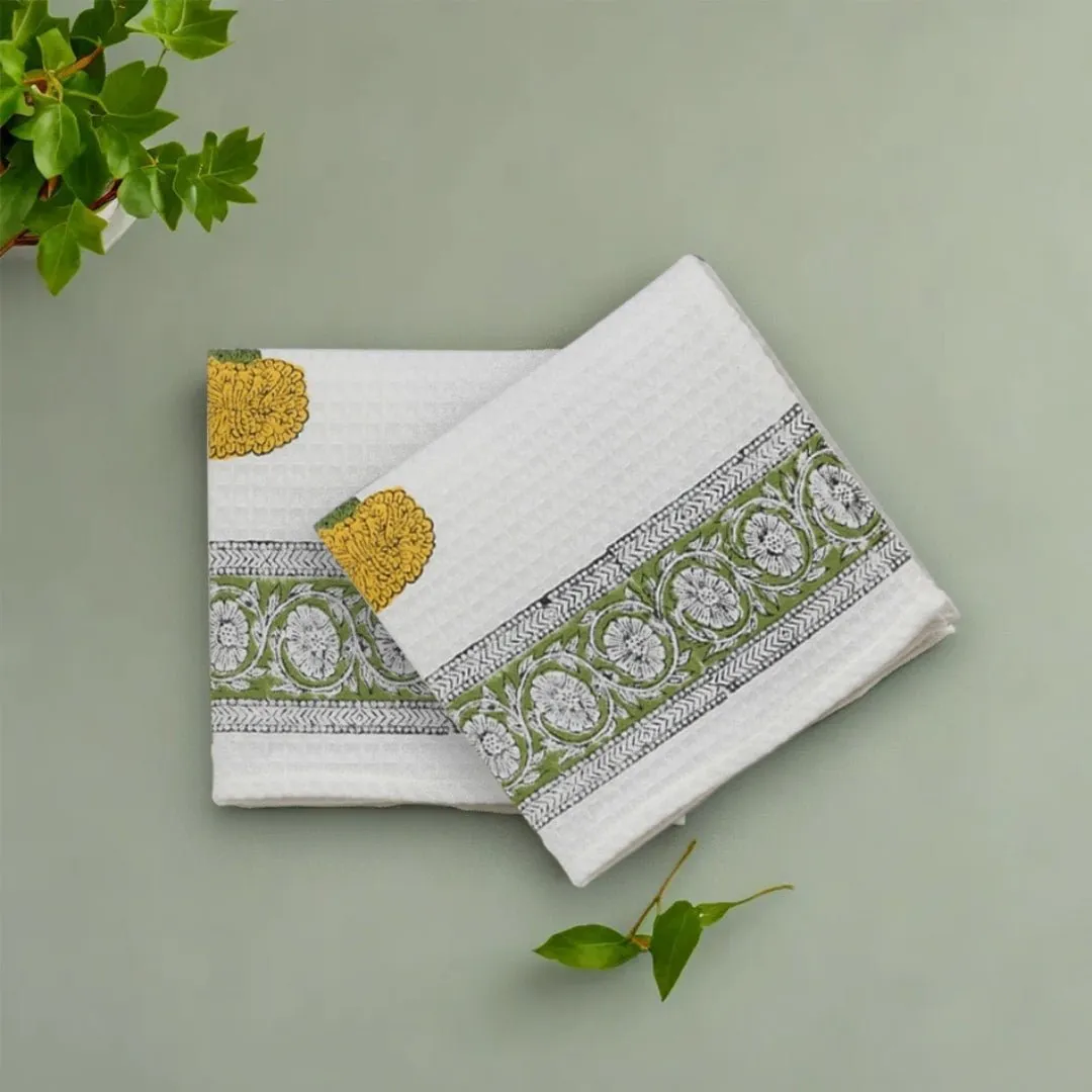 Cotton Hand And Bath Towel Set | Block Printed In Marigold Pattern | Super Absorbent, Soft & Faster Drying | 300 GSM | Handmade In India