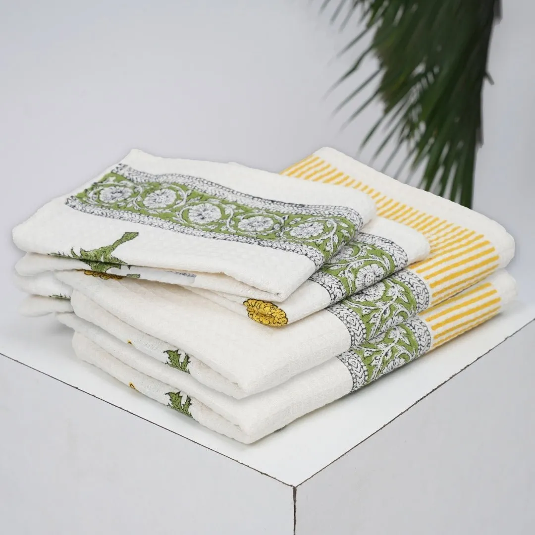 Cotton Hand And Bath Towel Set | Block Printed In Marigold Pattern | Super Absorbent, Soft & Faster Drying | 300 GSM | Handmade In India