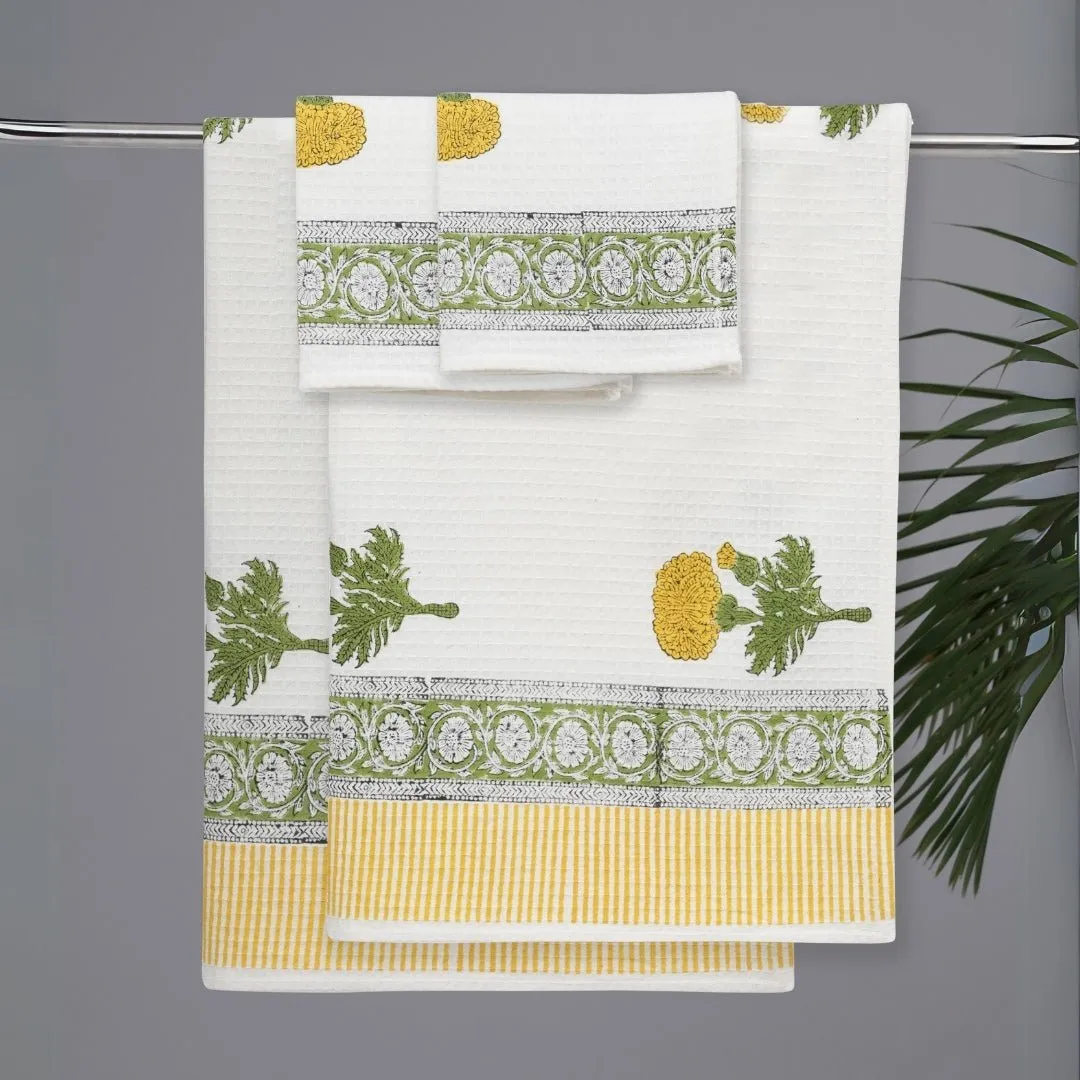 Cotton Hand And Bath Towel Set | Block Printed In Marigold Pattern | Super Absorbent, Soft & Faster Drying | 300 GSM | Handmade In India