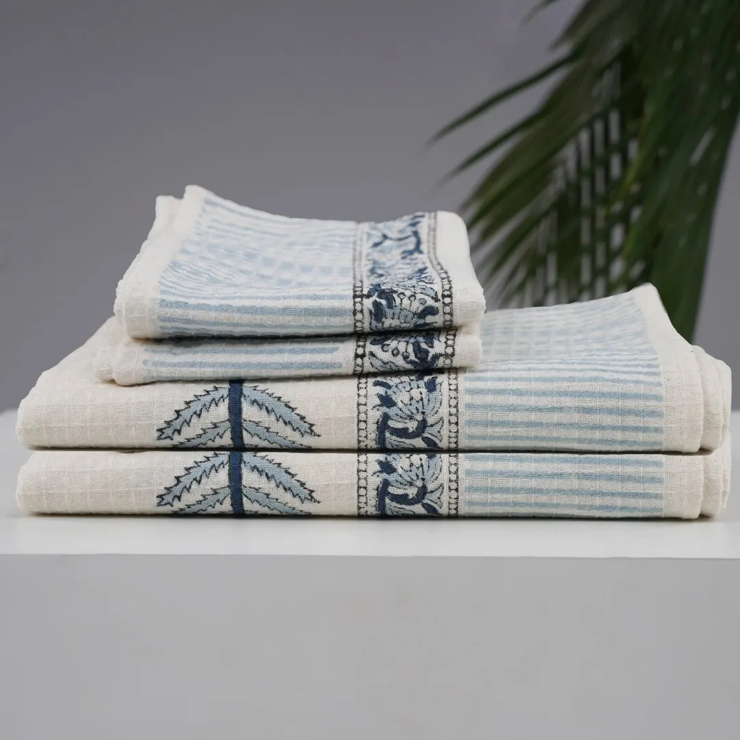 Cotton Hand And Bath Towel Set | Block Printed In White & Blue Pattern | Super Absorbent, Soft & Faster Drying | 300 GSM | Handmade In India