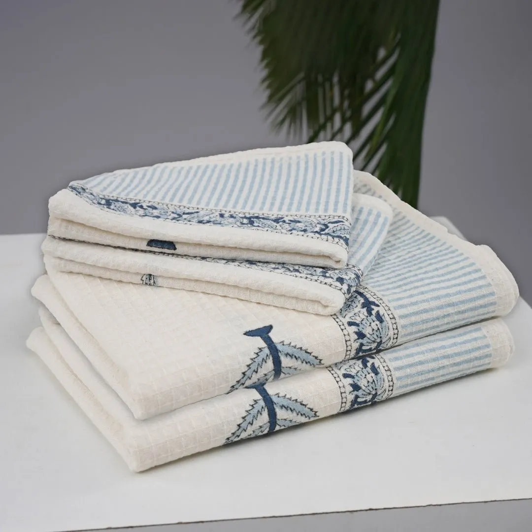 Cotton Hand And Bath Towel Set | Block Printed In White & Blue Pattern | Super Absorbent, Soft & Faster Drying | 300 GSM | Handmade In India