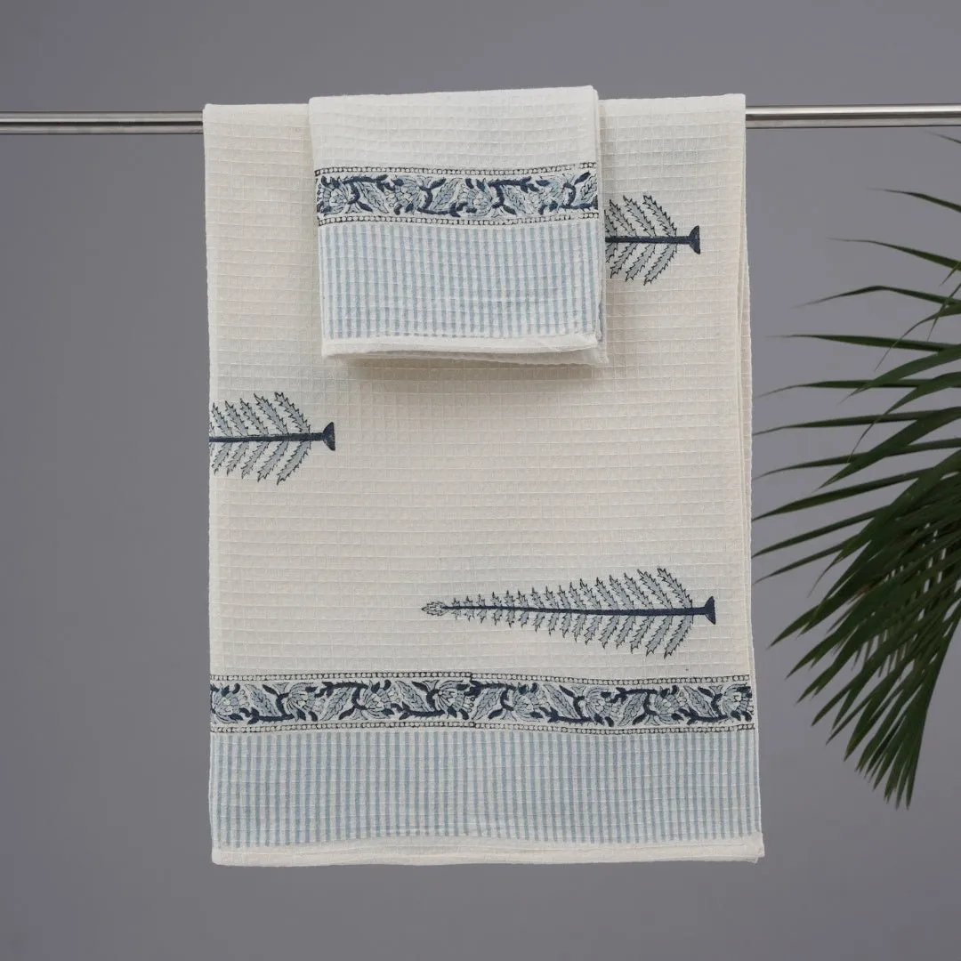 Cotton Hand And Bath Towel Set | Block Printed In White & Blue Pattern | Super Absorbent, Soft & Faster Drying | 300 GSM | Handmade In India