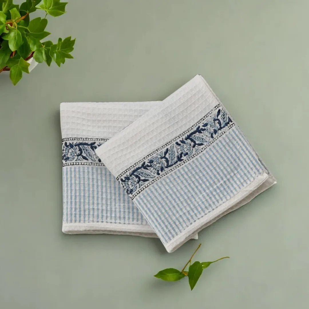 Cotton Hand And Bath Towel Set | Block Printed In White & Blue Pattern | Super Absorbent, Soft & Faster Drying | 300 GSM | Handmade In India