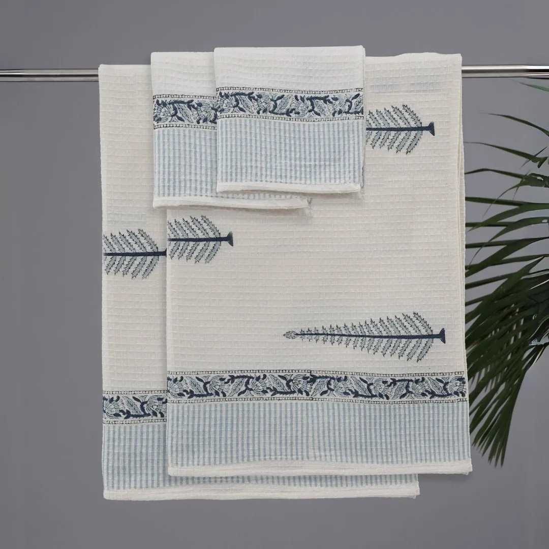 Cotton Hand And Bath Towel Set | Block Printed In White & Blue Pattern | Super Absorbent, Soft & Faster Drying | 300 GSM | Handmade In India