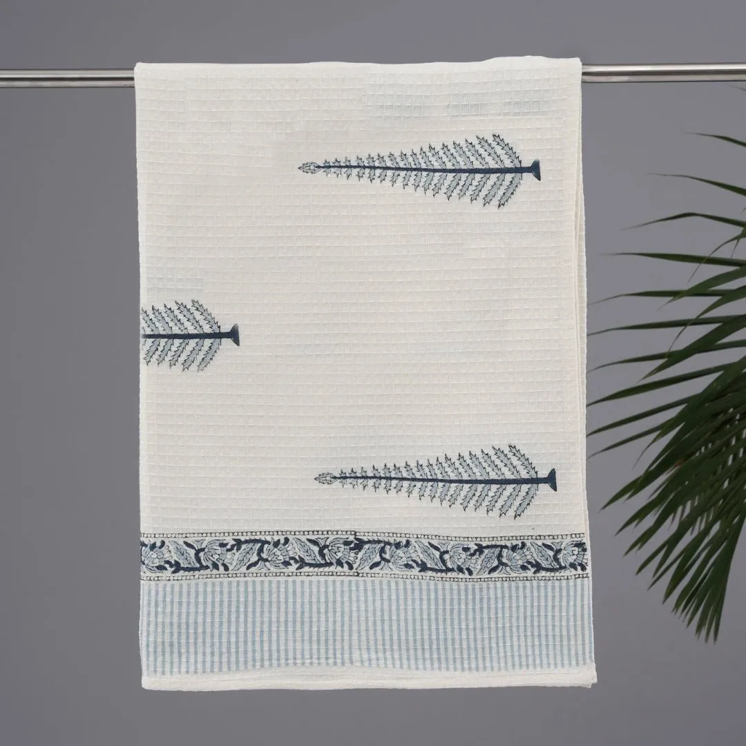 Cotton Hand And Bath Towel Set | Block Printed In White & Blue Pattern | Super Absorbent, Soft & Faster Drying | 300 GSM | Handmade In India
