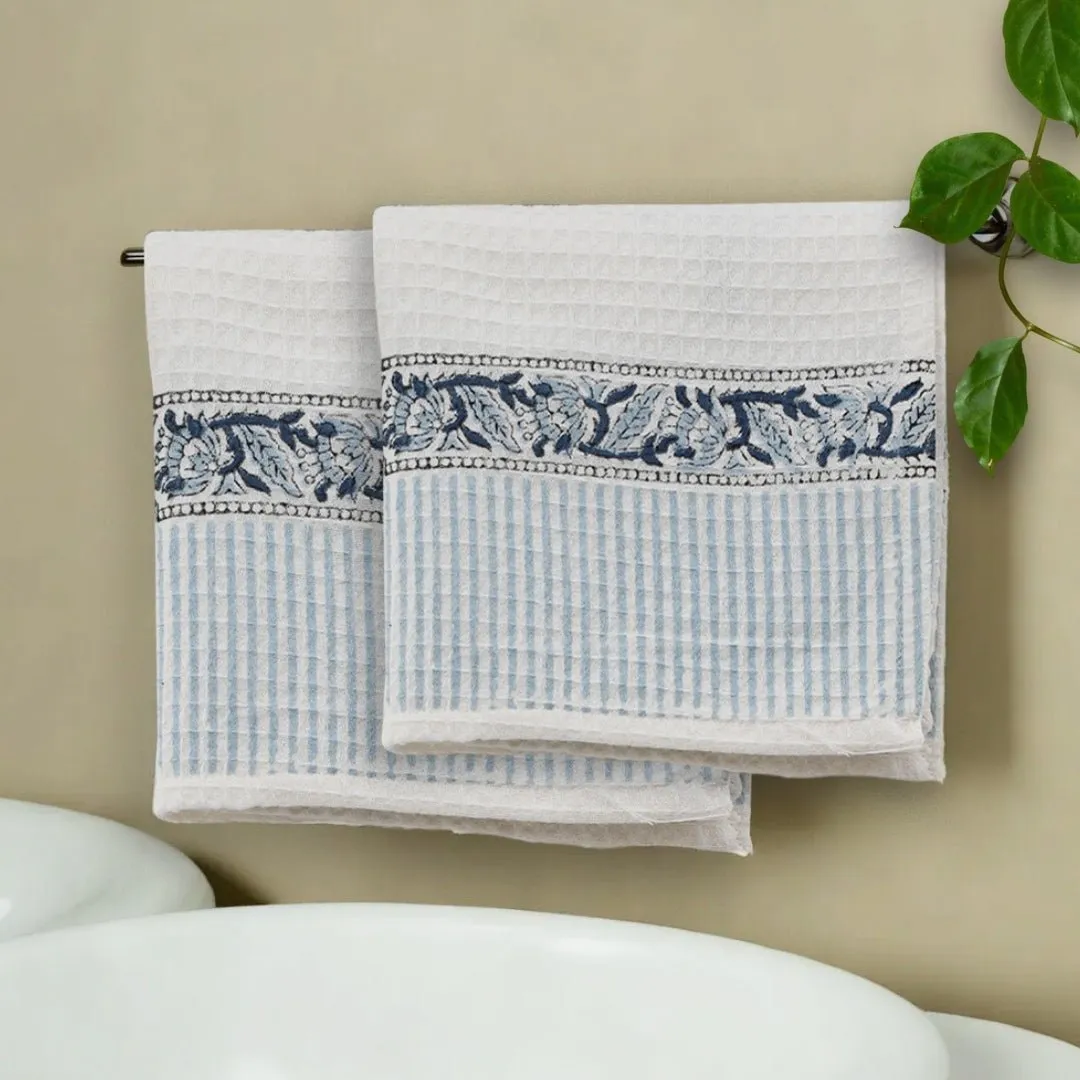Cotton Hand And Bath Towel Set | Block Printed In White & Blue Pattern | Super Absorbent, Soft & Faster Drying | 300 GSM | Handmade In India