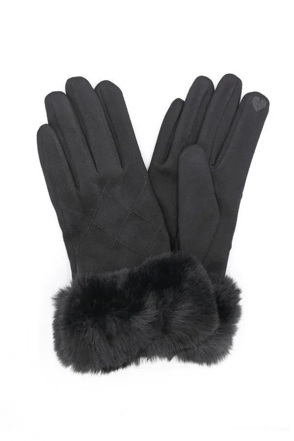 Faux Fur Suede Smart Touch Gloves - Black
