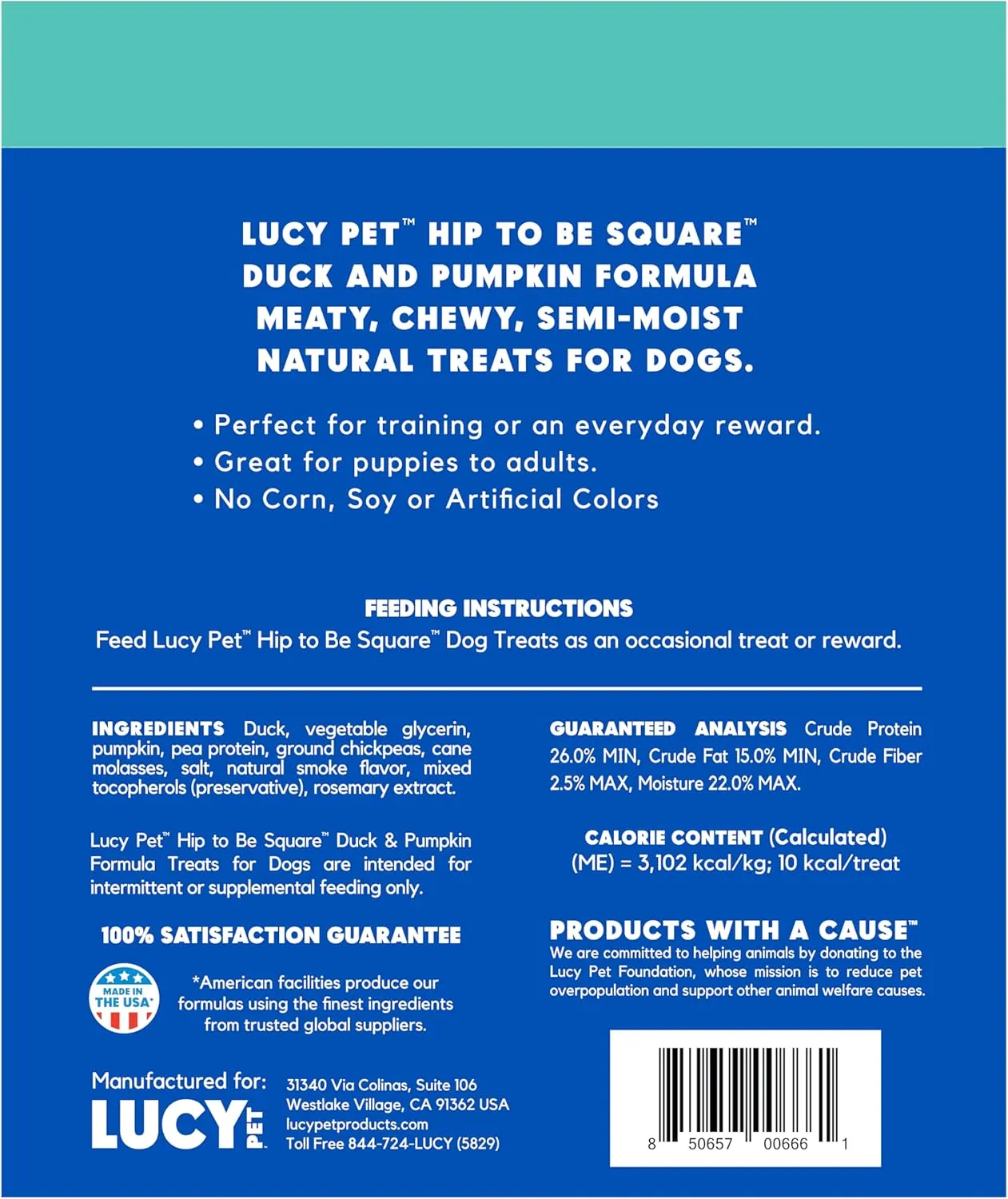 Lucy Pet Products Hip to Be Square Duck & Pumpkin Formula Dog Treats, 6-oz