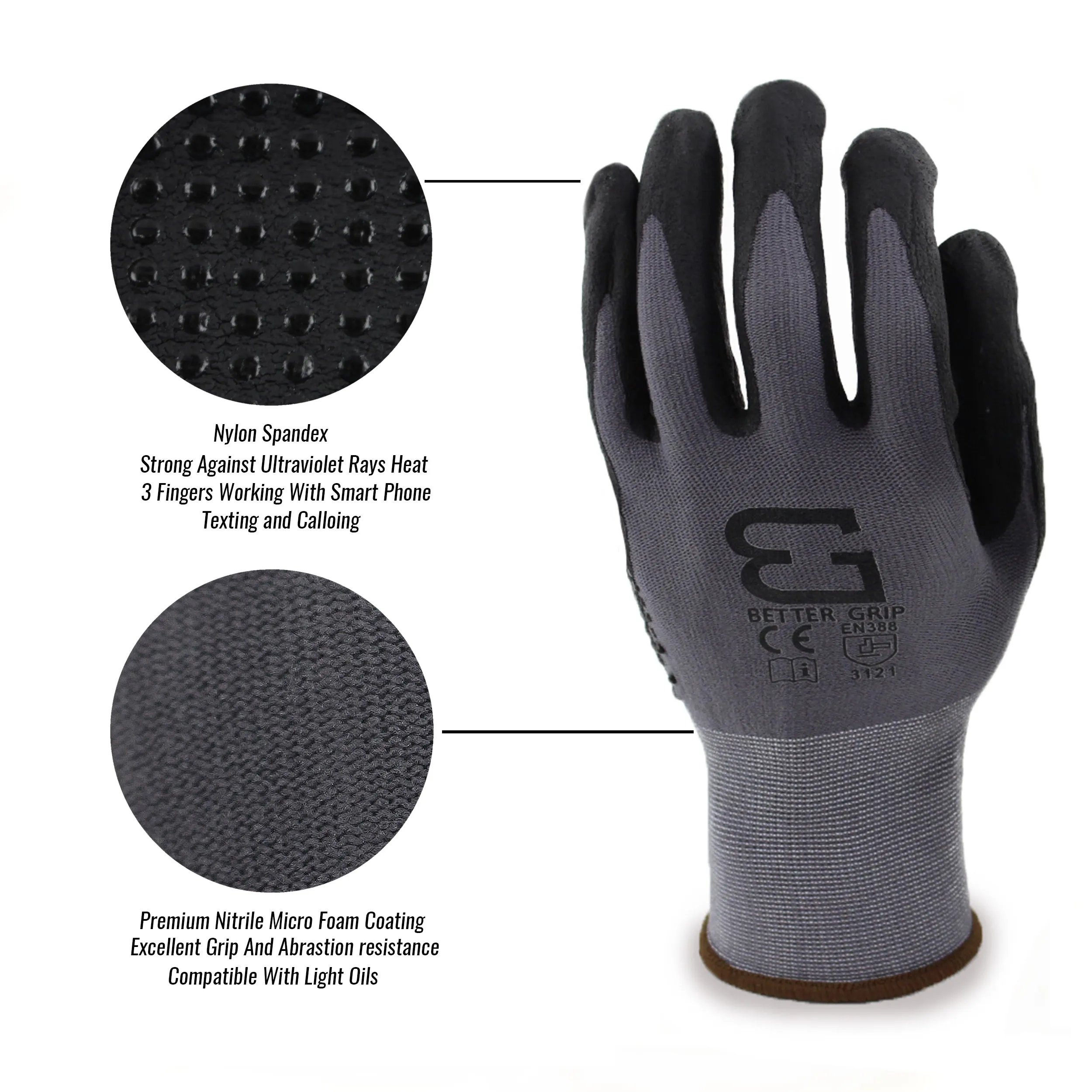 Micro Foam Nitrile Coated Nylon Work Glove with Dots on Palm - BGFLEXDOT-GY