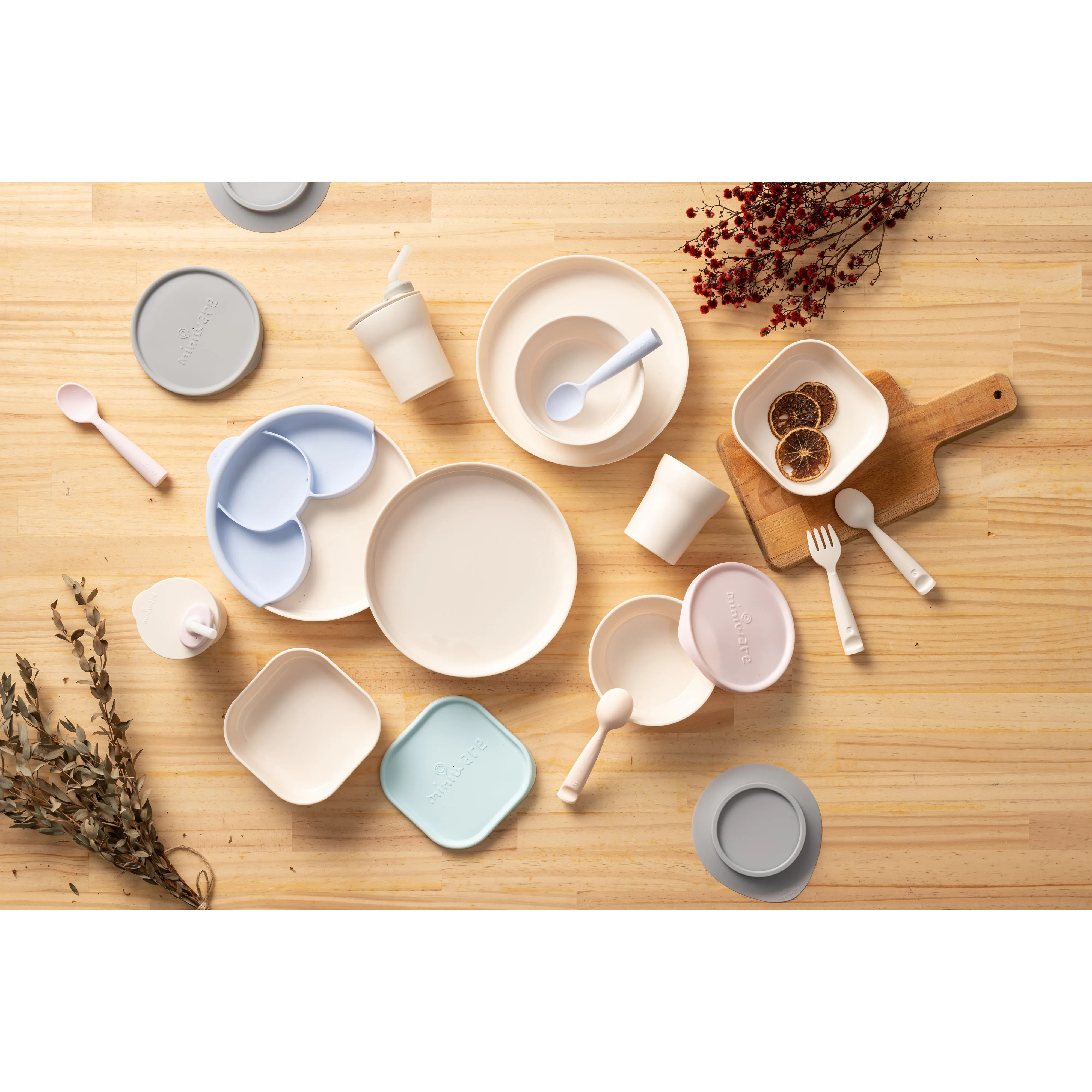 Miniware Healthy Meal Set - PLA Smart Divider Suction Plate in Vanilla   Silicone Divider in Keylime