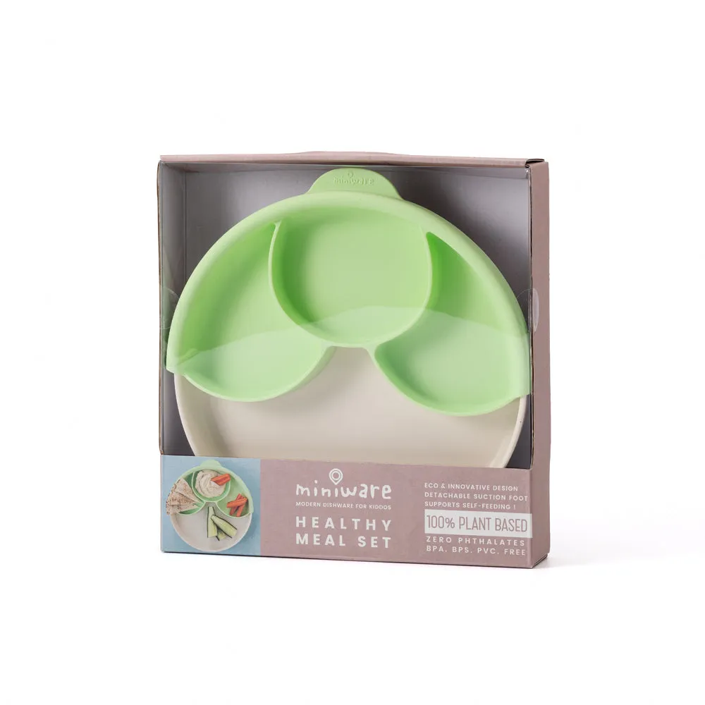 Miniware Healthy Meal Set - PLA Smart Divider Suction Plate in Vanilla   Silicone Divider in Keylime