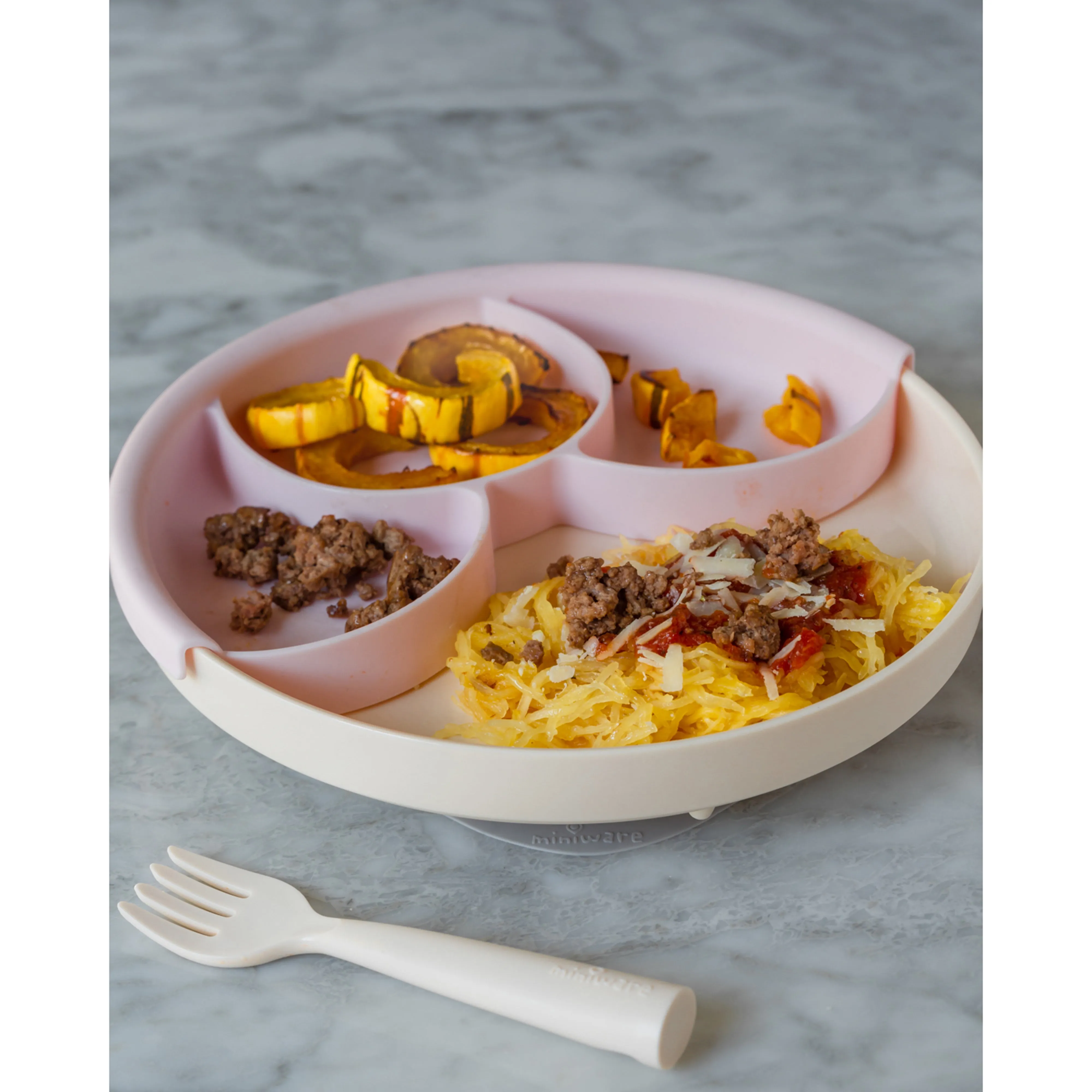 Miniware Healthy Meal Set - PLA Smart Divider Suction Plate in Vanilla   Silicone Divider in Keylime