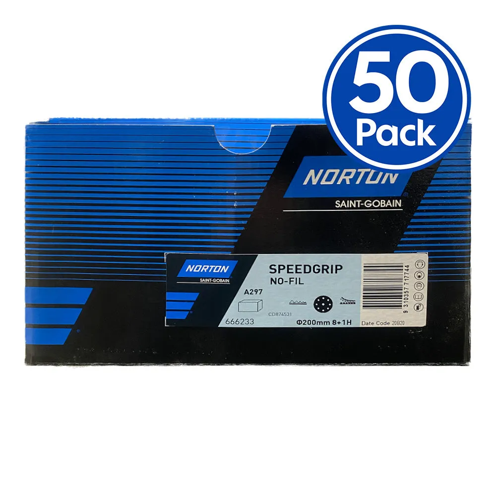 NORTON Speed Grip A297 Grit P40 200mm 8H Hole 50 Discs Hook & Loop Sandpaper
