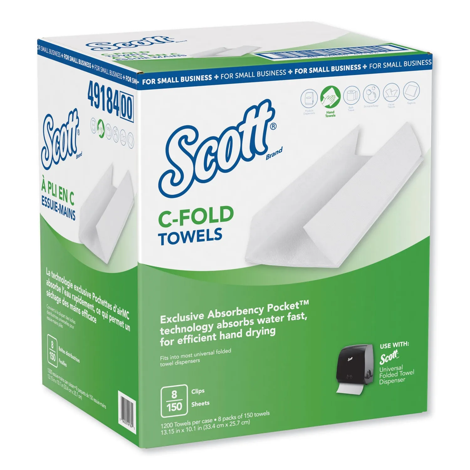 Scott C-Fold Towels, Absorbency Pockets,10.13 X 13.15, White, 150/Pk,8 Pk/Ct - KCC49184