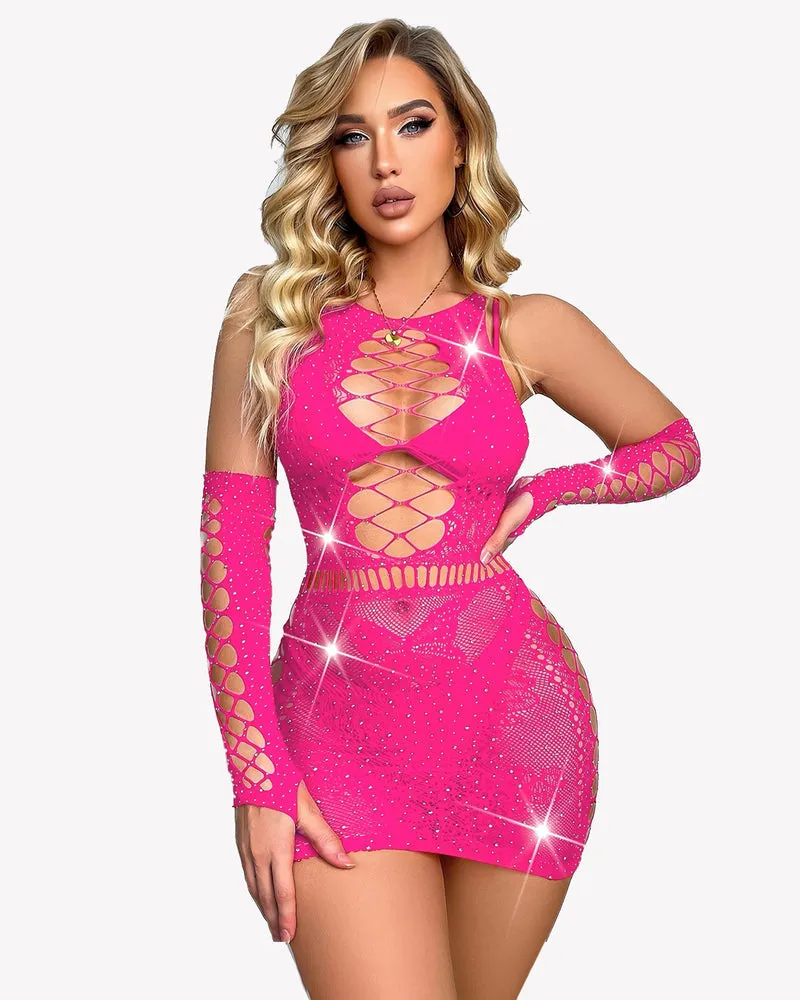 Sparkle Rhinestone Fishnet Chemise With Gloves
