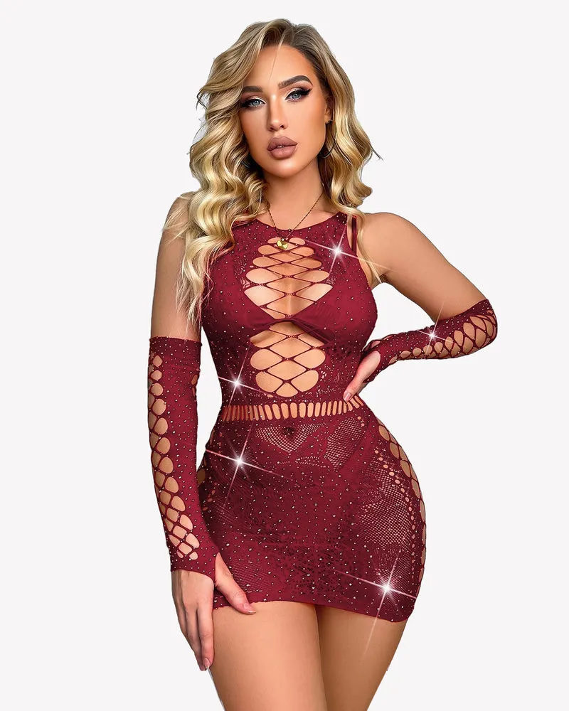 Sparkle Rhinestone Fishnet Chemise With Gloves