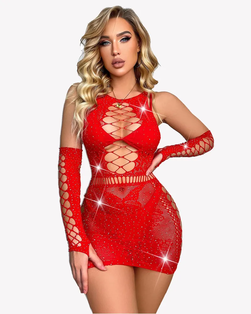 Sparkle Rhinestone Fishnet Chemise With Gloves