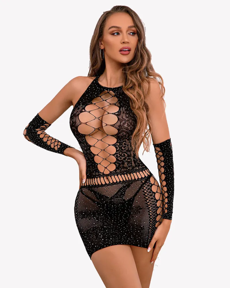 Sparkle Rhinestone Fishnet Chemise With Gloves