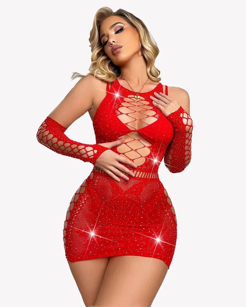 Sparkle Rhinestone Fishnet Chemise With Gloves