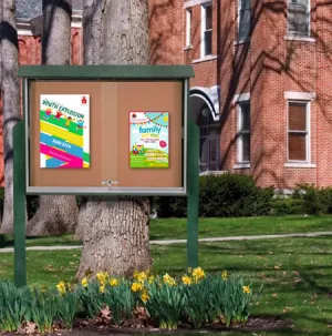 Standing Outdoor Message Center Cork Board 40" x 40" | Locking Sliding Doors Display Case